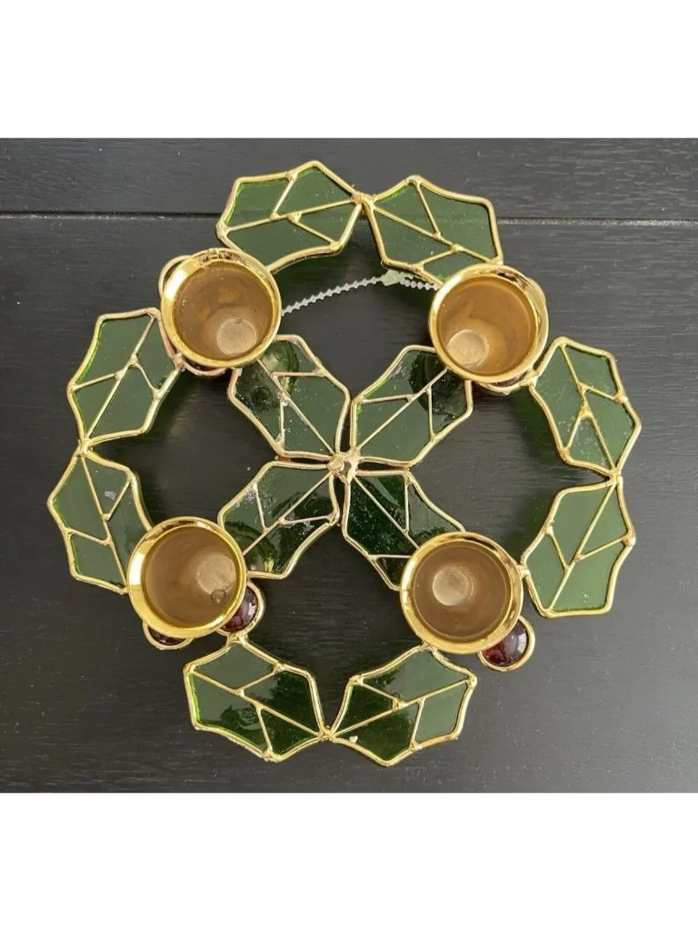Leaded Stained Glass Holly & Berries Candle Holder Wreath Tabletop Christmas